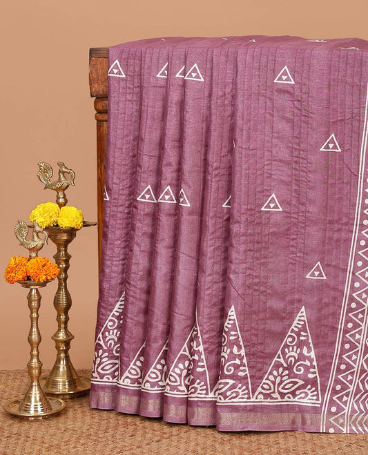 Light purple batik-style triangle motifs printed dola silk saree, batik temple motif printed piping zari border & batik geometric printed pallu