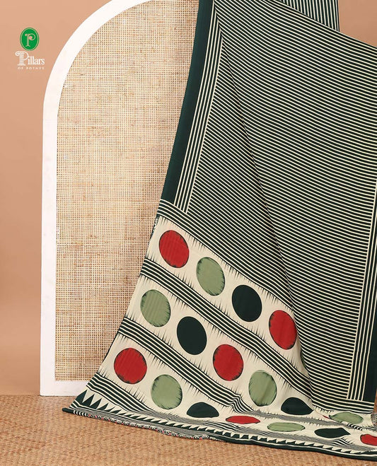 Bottle green vertical stripes printed modal satin saree, a self-border of horizontal stripes print, polka dots printed on the pallu, and an intricate ajrakh-style printed blouse