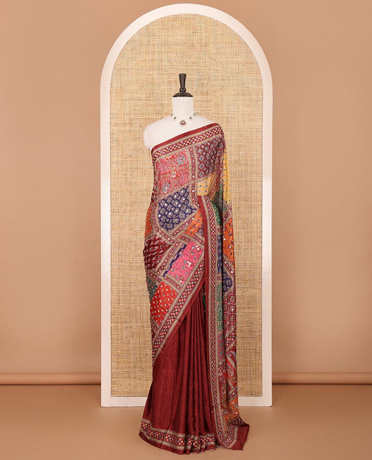Maroon half-&-half colorful geometric printed & mirror embroidered masakali saree, printed border & pallu, plain blouse