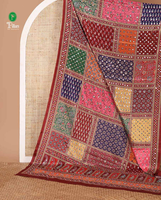 Maroon half-&-half colorful geometric printed & mirror embroidered masakali saree, printed border & pallu, plain blouse