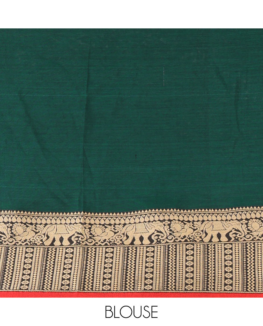 Bottle green plain masraise cotton saree, contrast border of elephant, peacock & geometric design & lining seer pallu