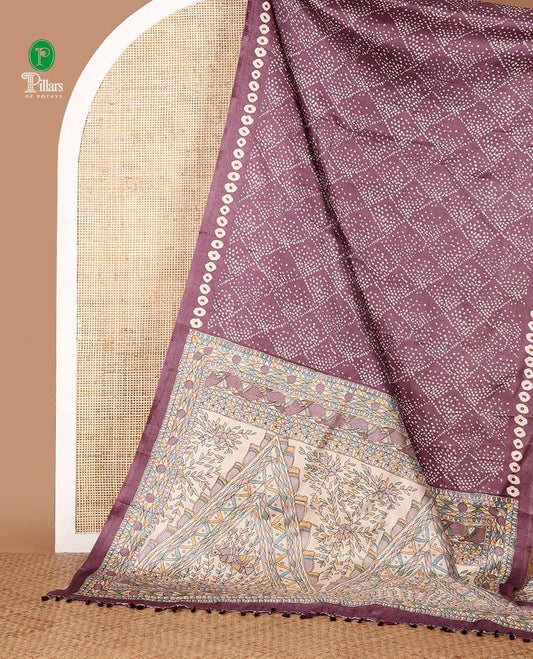 Purple Bandhani-style printed khadi cotton saree, printed border & colorful madhubani-style printed pallu