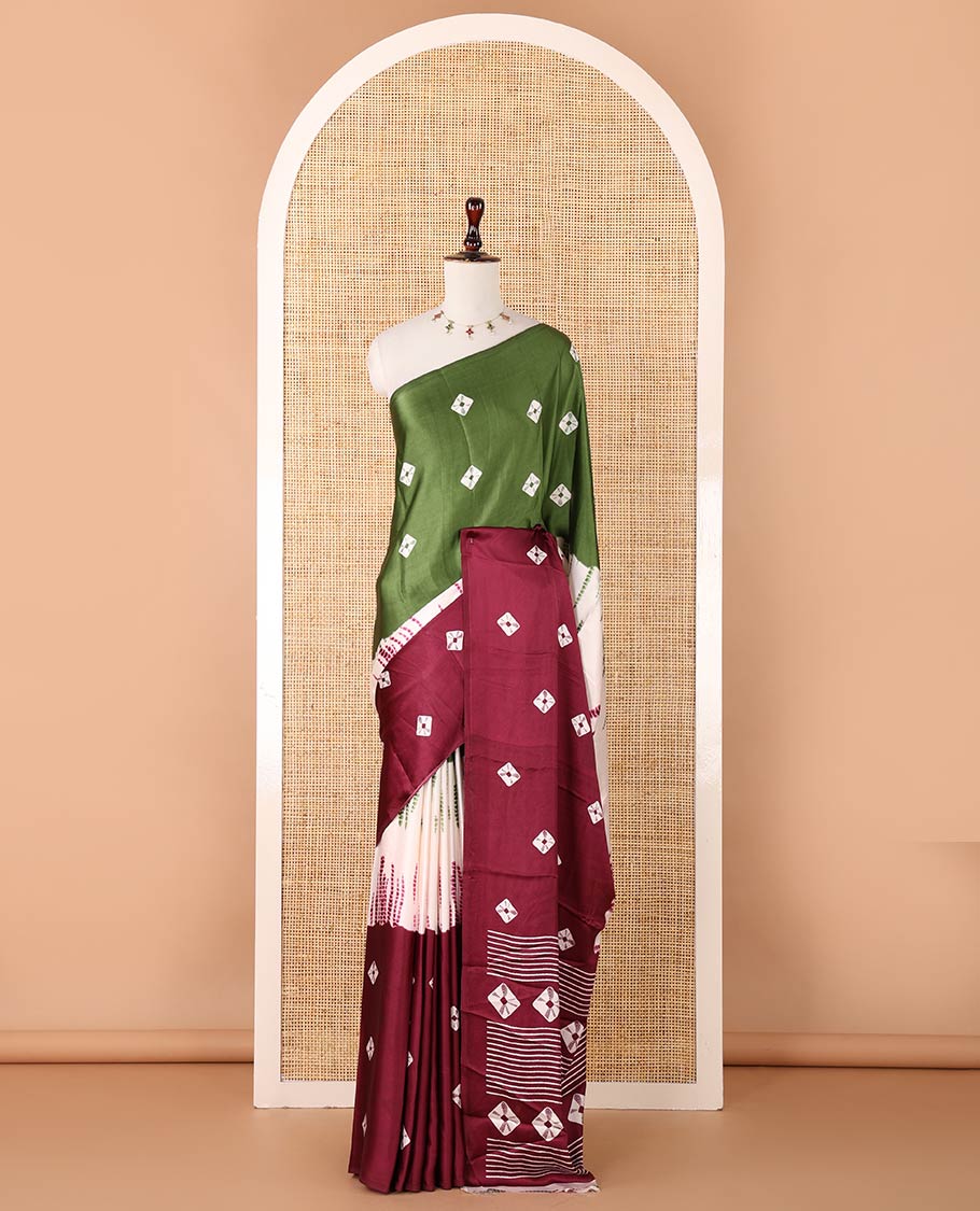 Borderless green, purple & white tri-color dyed & bandhani buttas printed modal satin saree, contrast Shibori-dying pattern blouse