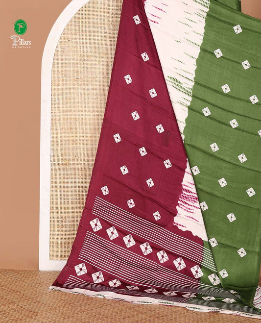 Borderless green, purple & white tri-color dyed & bandhani buttas printed modal satin saree, contrast Shibori-dying pattern blouse