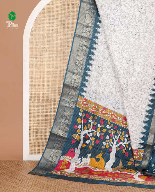 White pichwai cow & lotus printed dola silk saree,contrast blue temple traditional zari border, kalamkari printed pallu & printed blouse