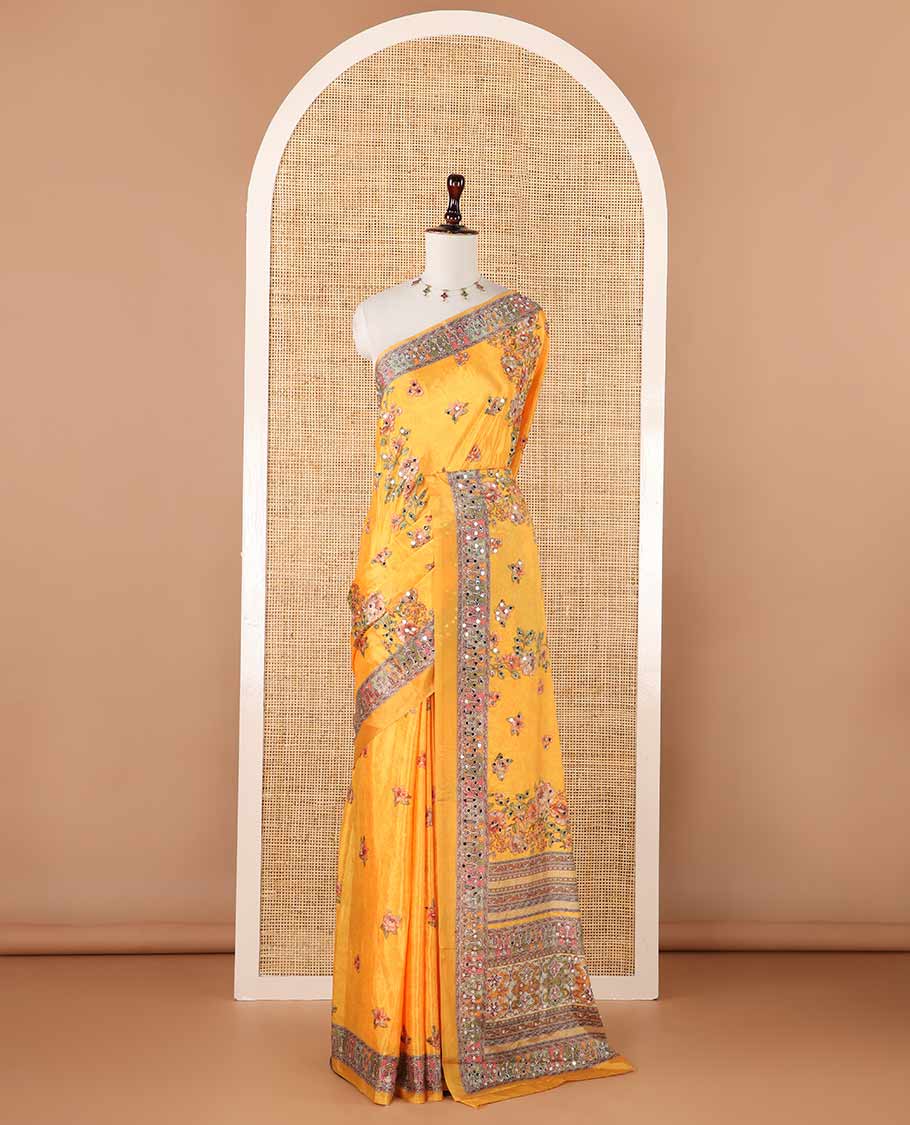 Yellow rose flower print & mirror work masakali saree, self-border & pallu of print & mirror work, floral printed blouse