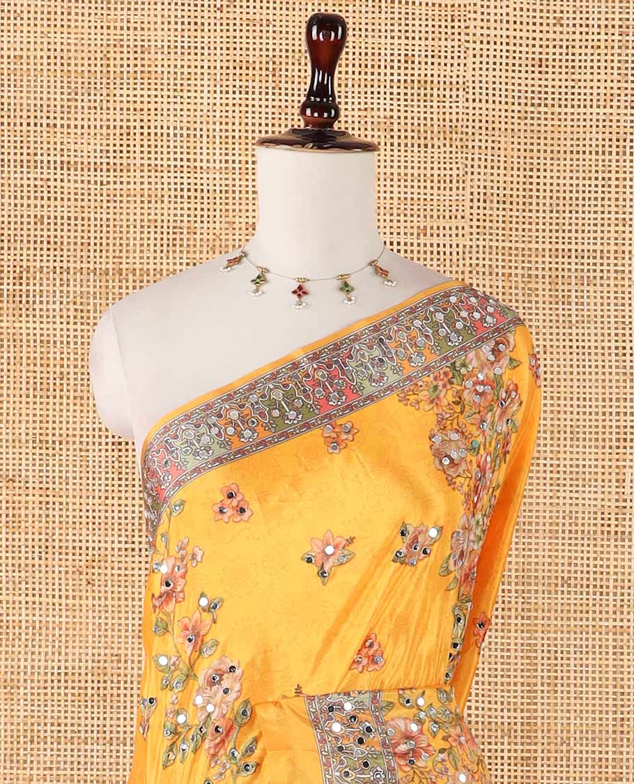 Yellow rose flower print & mirror work masakali saree, self-border & pallu of print & mirror work, floral printed blouse