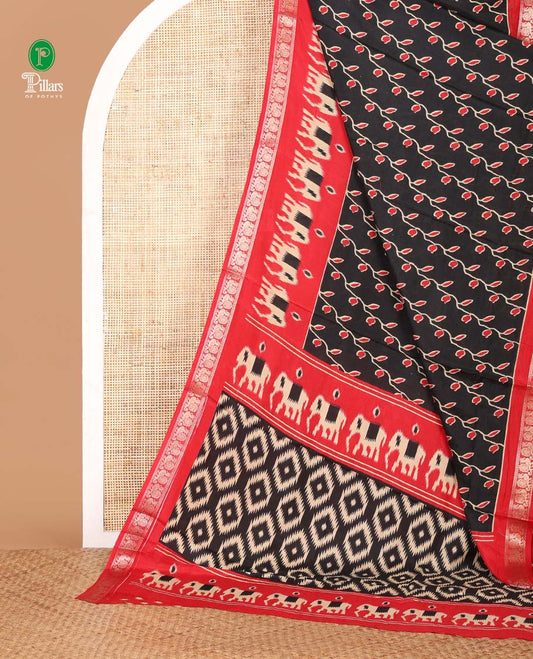 Black floral vine printed Assam cotton saree,contrast border of ikat elephant print & zari peacocks,ikat jaal pallu & ikat print blouse