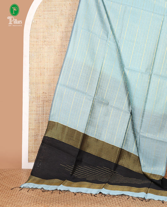 Borderless blue horizontal zari striped semi-raw silk saree, striped pallu & contrast plain blouse