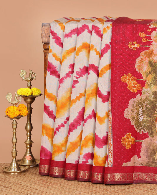 Maroon zig-zag shibori printed Maheshwari silk saree,contrast peacock zari border, nature-theme scenery print pallu & butta print blouse