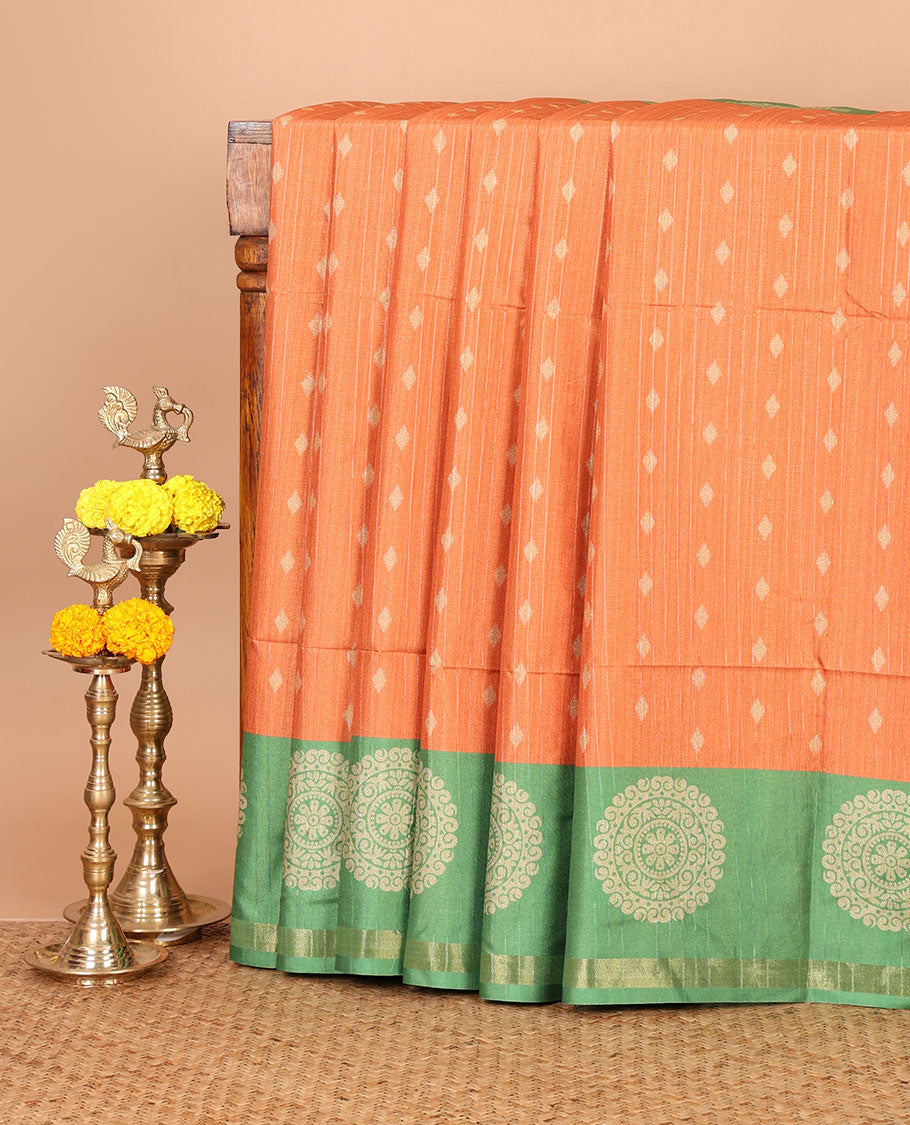 Orange stripes & thread buttas Kathan silk saree, contrast chakram motif border, jaal print pallu & contrast jaal print blouse