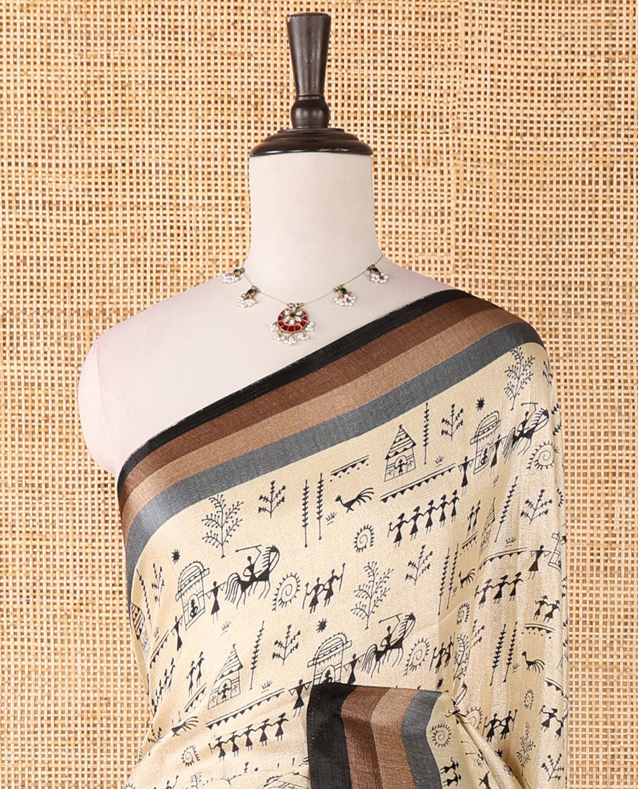 Chikku warli-village theme motifs printed khadi cotton saree, contrast multi-color border, paisley printed pallu & plain blouse