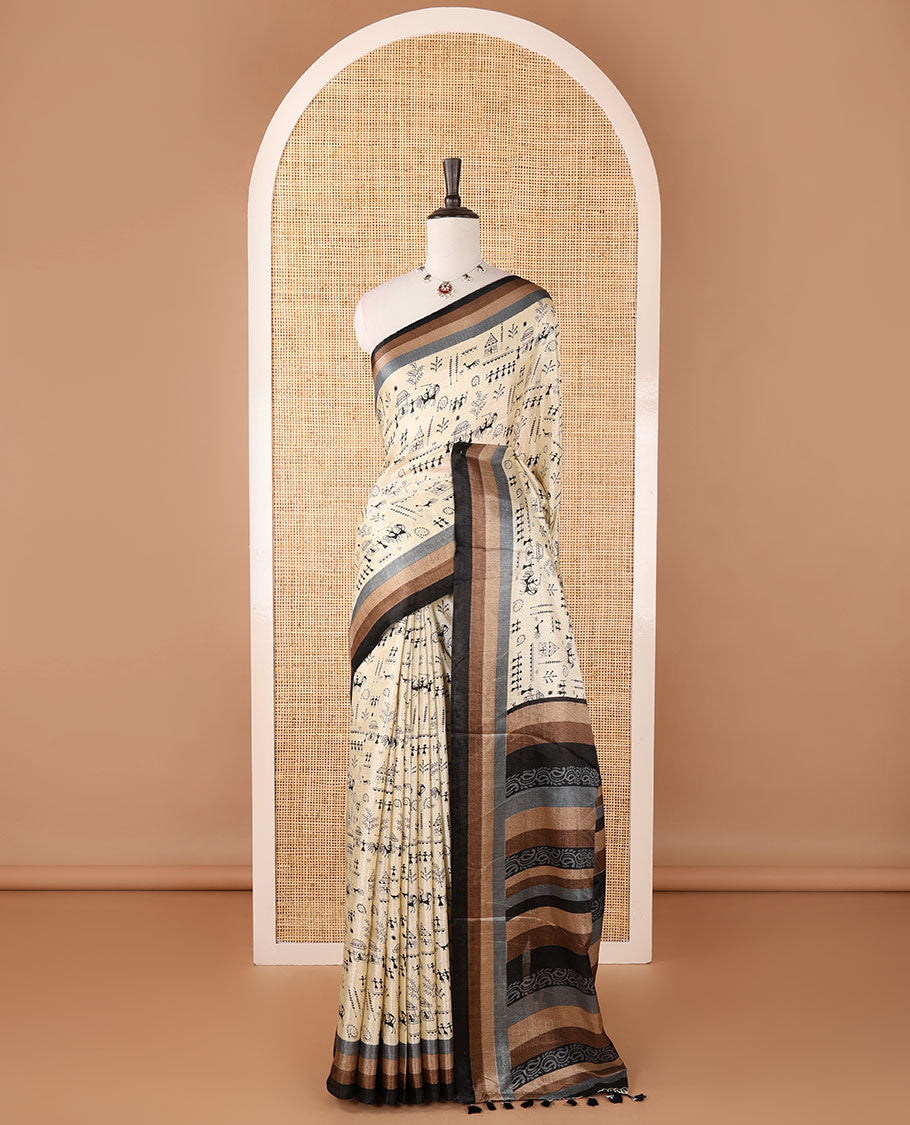 Chikku warli-village theme motifs printed khadi cotton saree, contrast multi-color border, paisley printed pallu & plain blouse