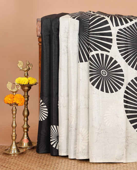 Borderless White with black sunbrust design skirt pattern khadi cotton saree & big sunbrust printed pallu with tussels