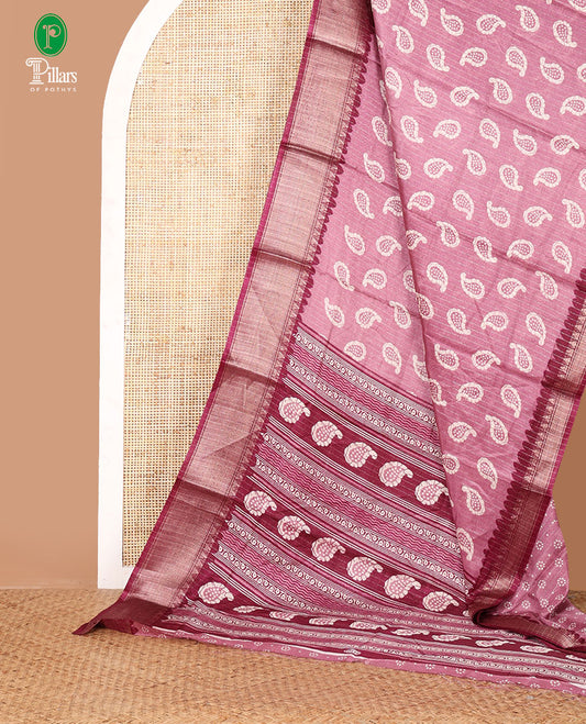 Onion pink zari striped & batik-paisley dola silk saree,contrast traditional zari border,printed pallu & zari striped & butta print blouse
