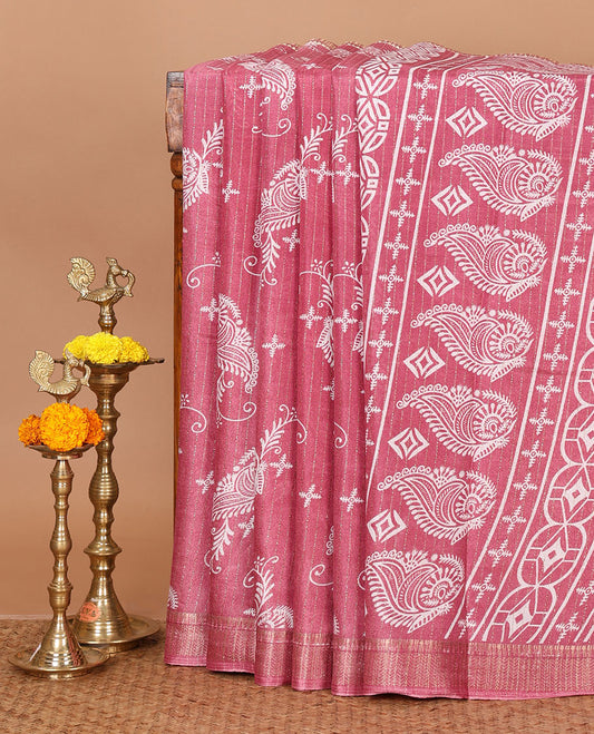 Onion pink zari stripes & floral motifs printed dola silk saree, traditional zari border, printed pallu & small butta printed blouse