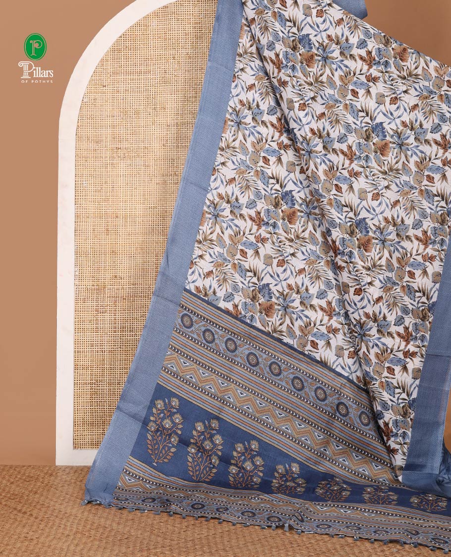 White tropical floral printed khadi cotton saree,contrast blue printed border,floral-geometric printed pallu & tropical floral print blouse