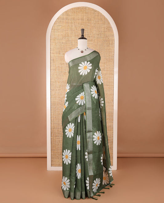 Olive green sunflower motif printed linen saree, silver zari plain border & small sunflower motif print blouse