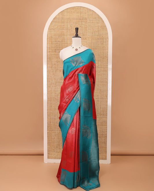 Red zari checked & elephant motifs woven kanchi silk saree, contrast korvai-style border of elephant motifs, intricate pallu & plain blouse