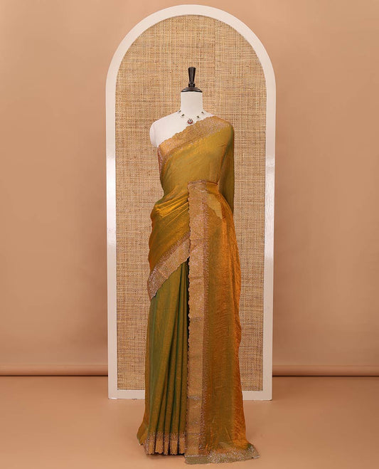 Gold plain fendy-chiffon saree, scallop Swarovski copper stone work border & contrast Swarovski copper stonework blouse