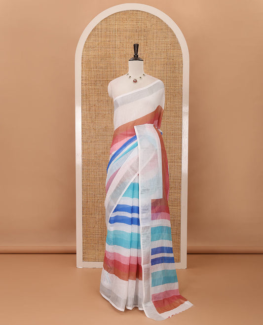 Multi-hue striped linen saree, zari border, multi-hue striped fancy pallu & colorful chevron striped blouse