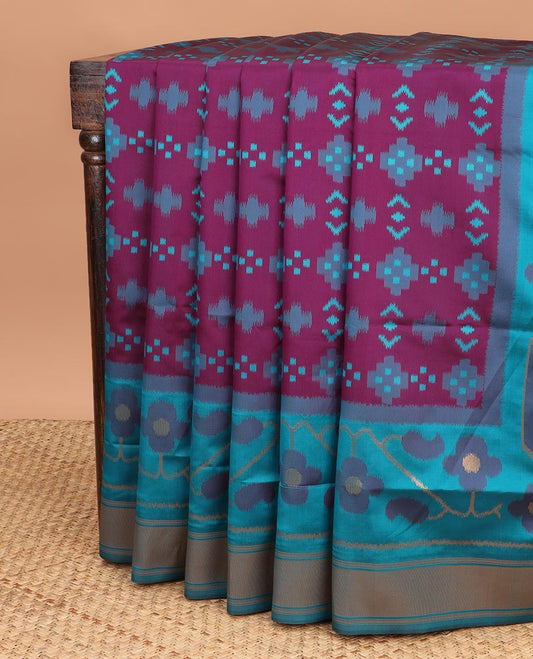 Wine with shappire green patola design mulberry silk aree , double side border with one side bavanchi small border