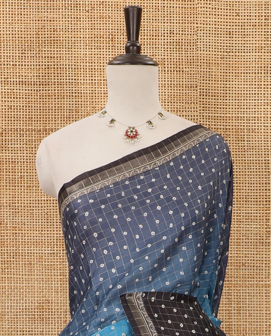 Multi-color ombre-style dyed bandhani dots print checked khadi tussar saree,piping printed border,flora-fauna printed pallu & contrast printed blouse