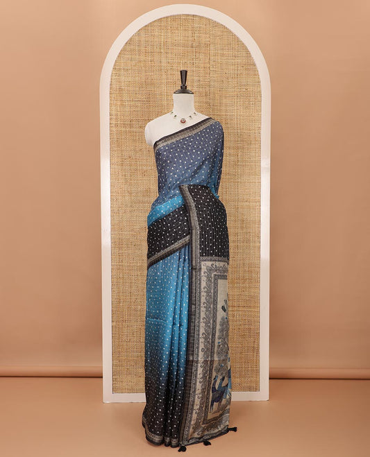 Multi-color ombre-style dyed bandhani dots print checked khadi tussar saree,piping printed border,flora-fauna printed pallu & contrast printed blouse