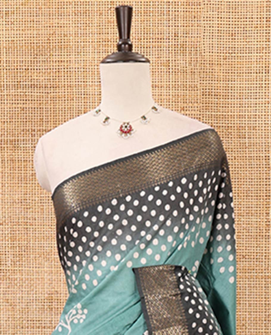 Ramar green batik printed Bhagalpuri cotton saree, contrast gold zari diamond-patterned border, printed pallu & pink blouse of print & zari work