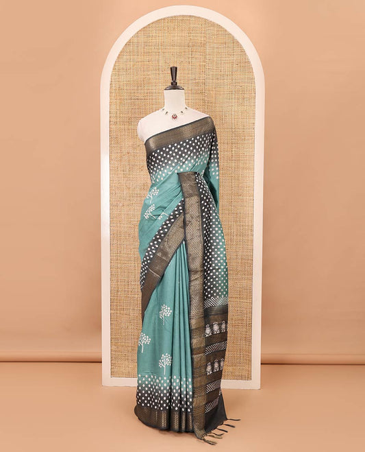 Ramar green batik printed Bhagalpuri cotton saree, contrast gold zari diamond-patterned border, printed pallu & pink blouse of print & zari work