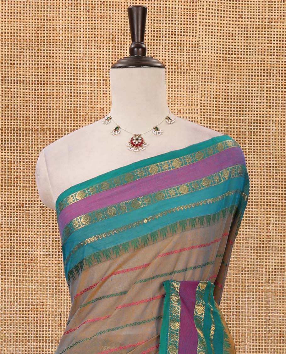 Beige thread veldhari striped Chettinad cotton saree, contrast rettai pettu traditional zari border, striped pallu & blouse of zari border
