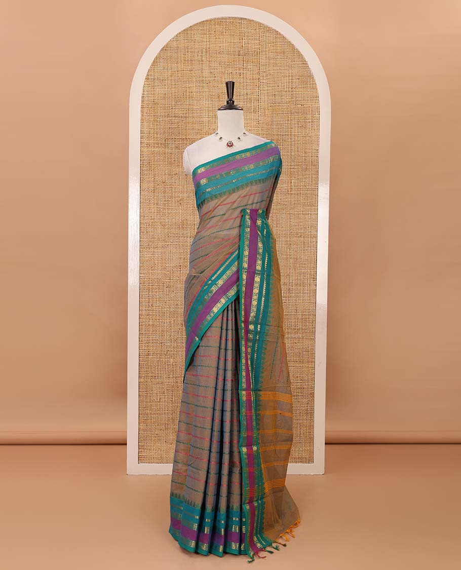 Beige thread veldhari striped Chettinad cotton saree, contrast rettai pettu traditional zari border, striped pallu & blouse of zari border
