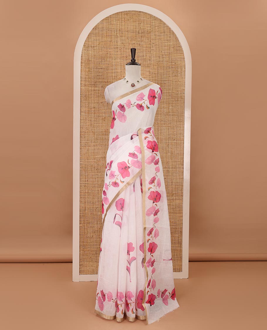 White-base pink color floral creeper printed linen saree, zari piping border, floral creeper print pallu & floral print blouse
