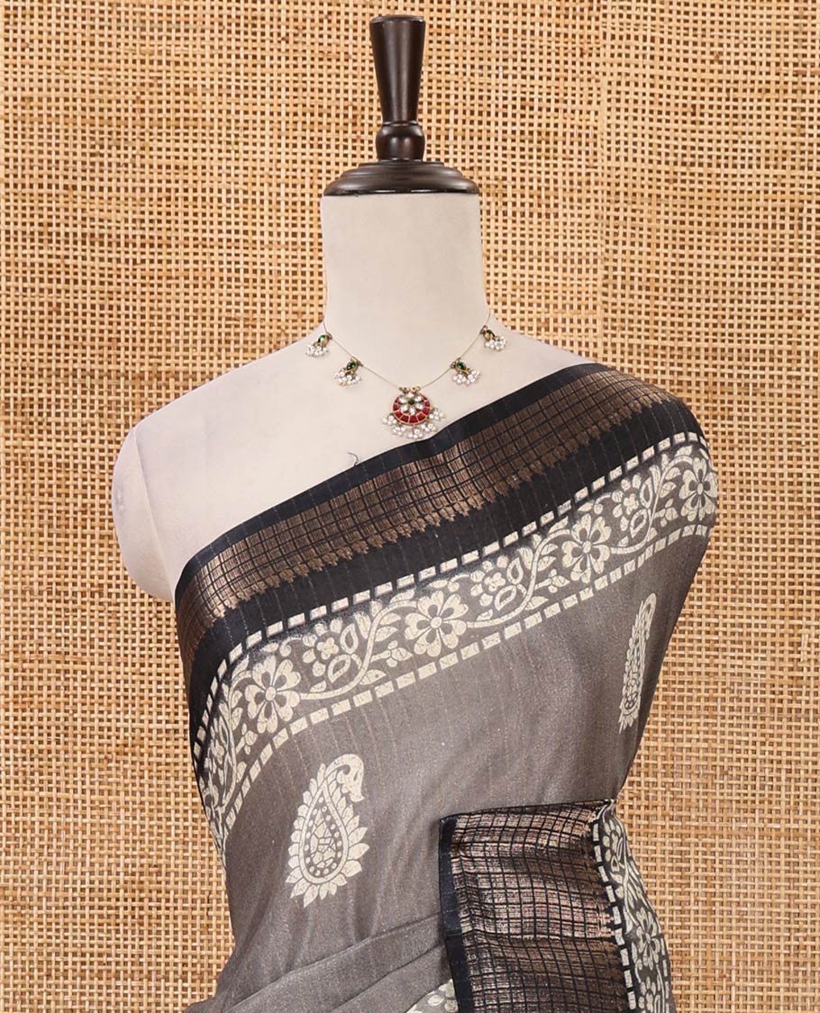 Grey zari striped & batik paisley-floral printed dola silksaree,contrast zari border,batik paisley print pallu & blouse of print & zari work