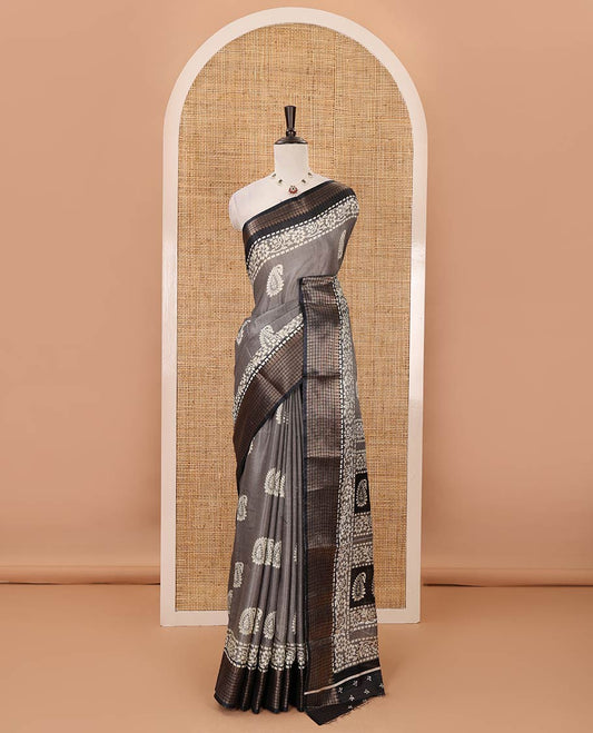 Grey zari striped & batik paisley-floral printed dola silksaree,contrast zari border,batik paisley print pallu & blouse of print & zari work