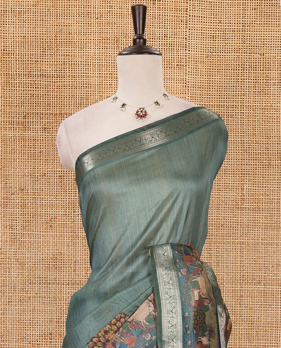 Green ancient human printed semi-tussar saree, traditional zari rettai pettu ancient human motifs printed border, printed pallu & running blouse