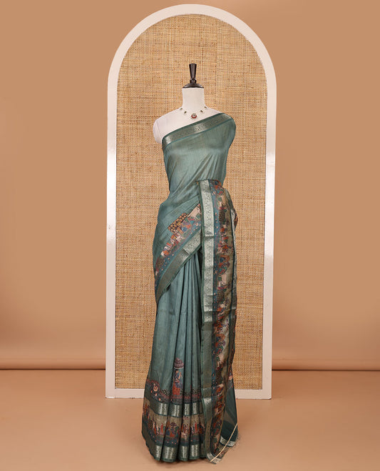 Green ancient human printed semi-tussar saree, traditional zari rettai pettu ancient human motifs printed border, printed pallu & running blouse