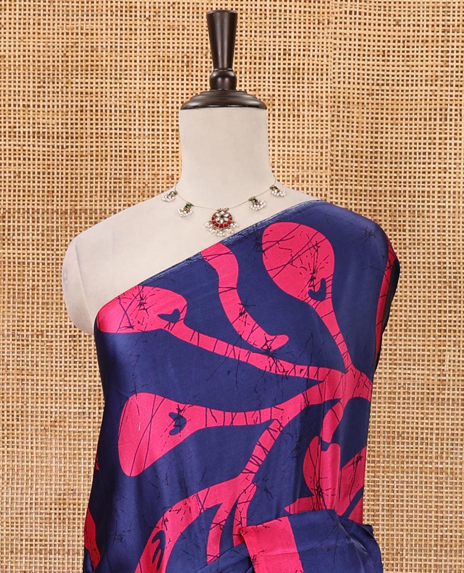 Borderless navy blue batik-style vine printed satin crepe saree, fancy printed self-pallu & batik printed blouse