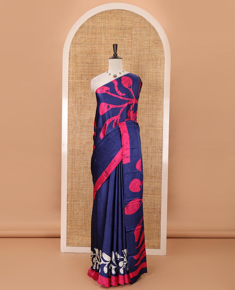 Borderless navy blue batik-style vine printed satin crepe saree, fancy printed self-pallu & batik printed blouse