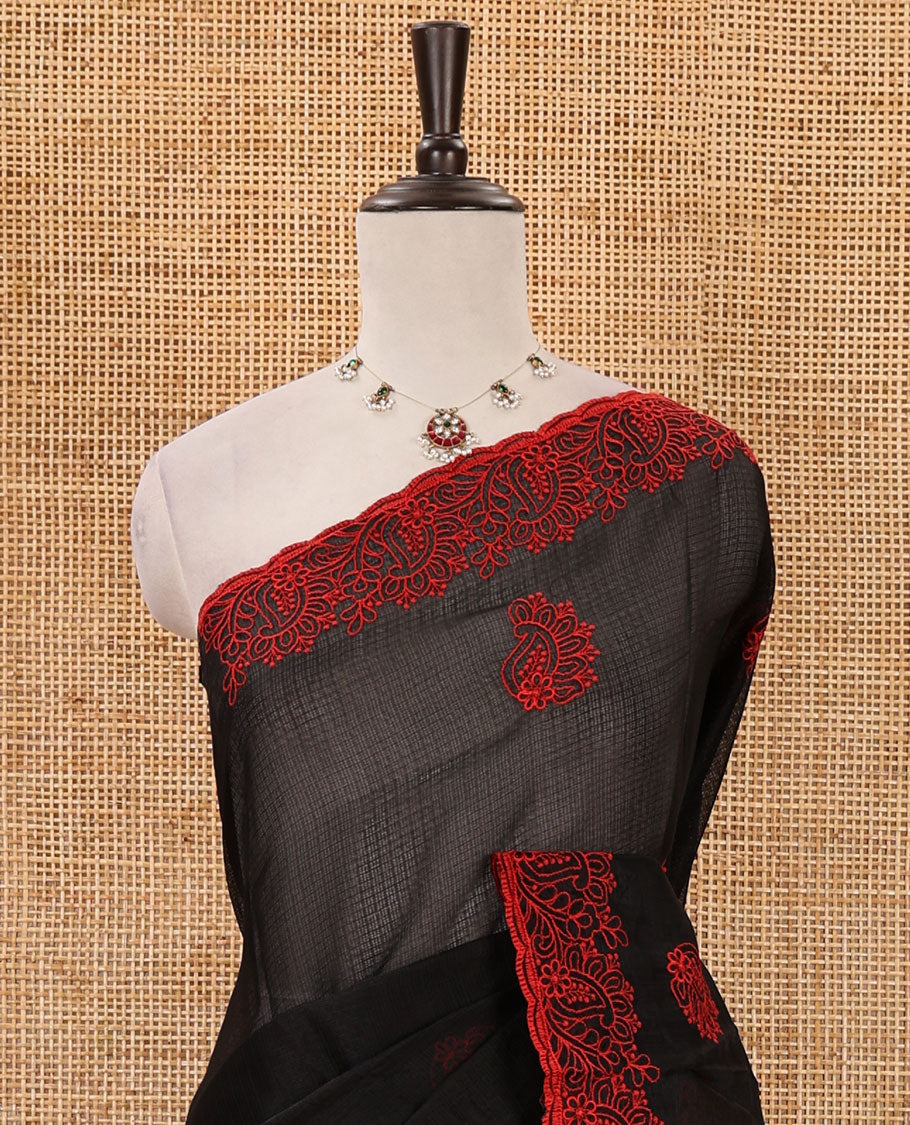 Black paisley motifs embroidered kota checks saree, paisley embroidered scallop border & embroidered pallu & matching thread embroidered blouse