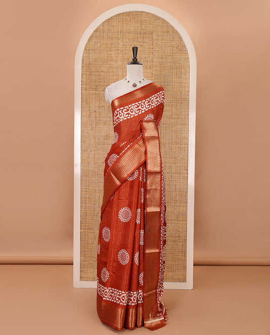 Honey color golden zari striped & batik-printed dola silk saree, traditional zari border & batik printed pallu & matching batik printed blouse