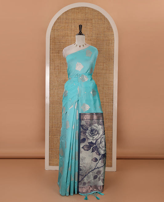 Borderless sea blue golden zari buttas woven mulberry silk saree, contrast rose floral digitally woven pallu & zari design blouse