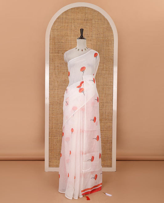 Borderless white tree-style motifs digital printed linen cotton saree with contrast printed blouse