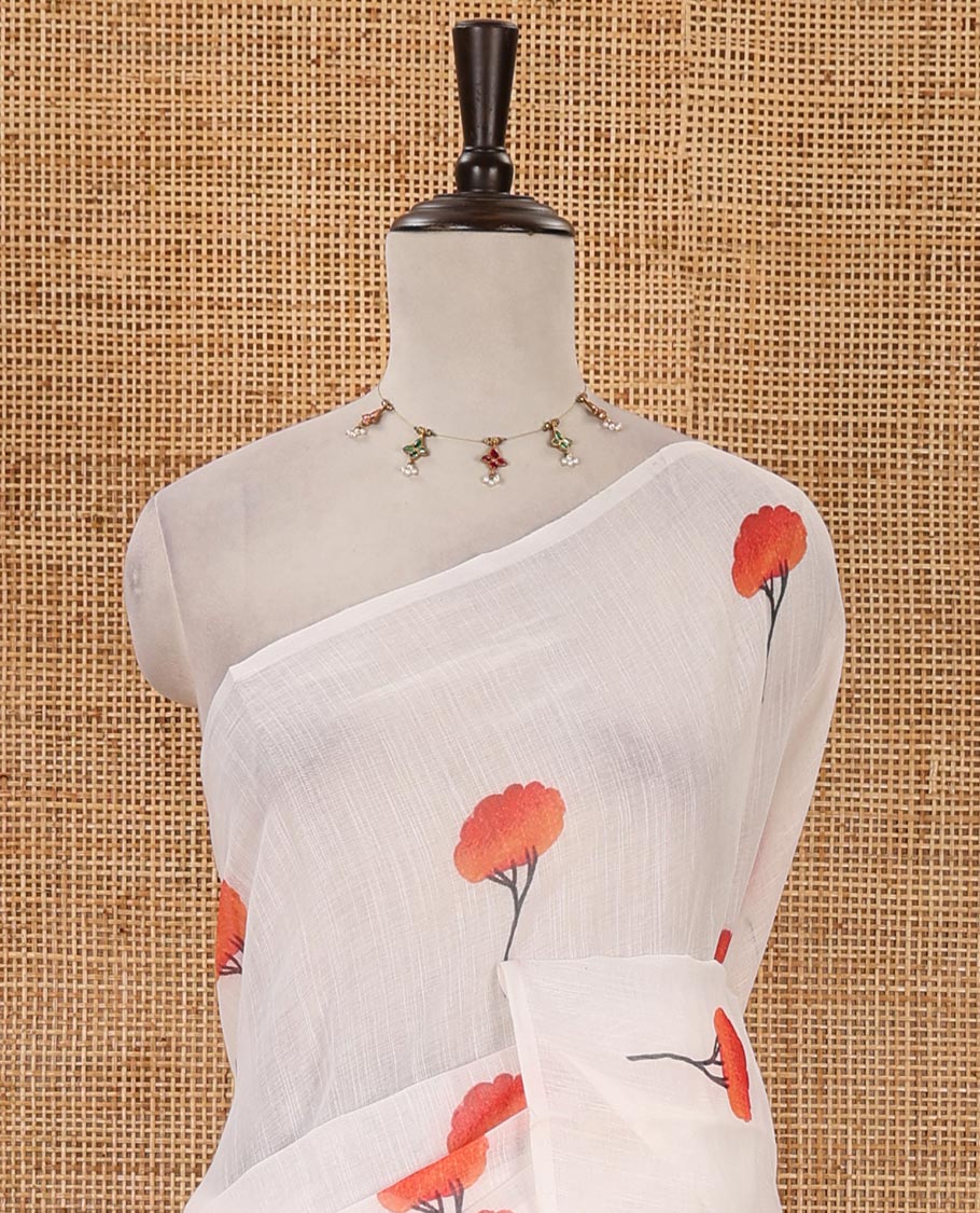 Borderless white tree-style motifs digital printed linen cotton saree with contrast printed blouse