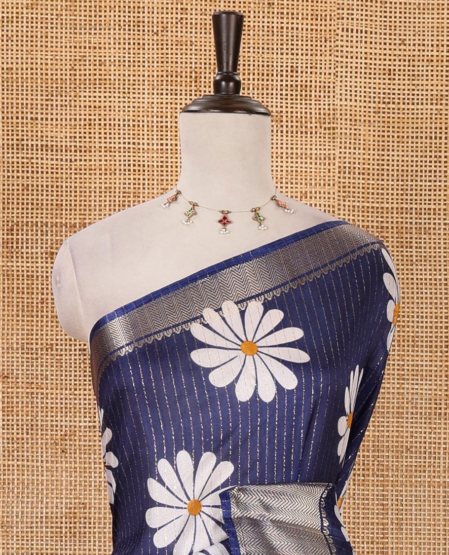 Navy blue zari striped & sunflower motifs printed dola silk saree, traditional zari border, ikkat printed pallu & printed blouse