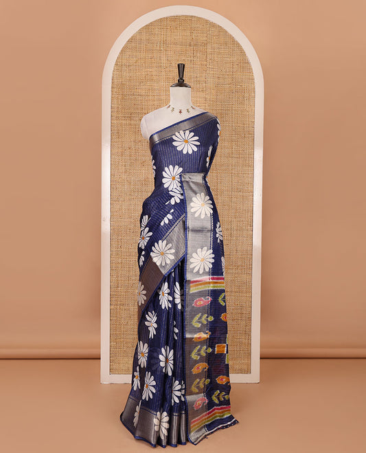 Navy blue zari striped & sunflower motifs printed dola silk saree, traditional zari border, ikkat printed pallu & printed blouse