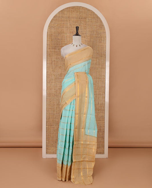 Sea green zari kathir striped sungudi cotton saree, contrast rettai pettu zari border, zari design pallu & contrast zari design blouse
