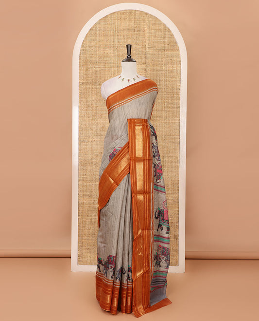 Grey with orange plain & elephant motifs printed soft-tussar saree, contrast zari border, pallu of elephant & geometric print & plain blouse