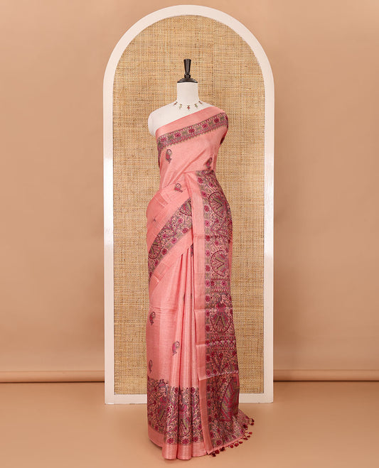 Peach madhubani-style fish printed khadi cotton saree, floral printed border, madhubani printed pallu & contrast polka dots printed blouse