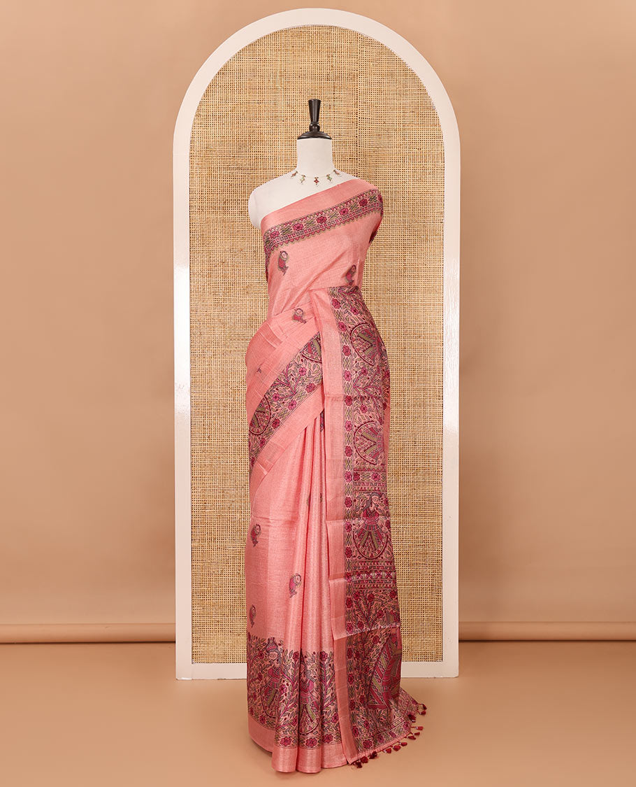 Peach madhubani-style fish printed khadi cotton saree, floral printed border, madhubani printed pallu & contrast polka dots printed blouse
